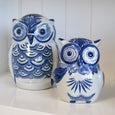 Ming Owl Ceramic 15cm Blue & White styled beside the larger Ming Owl 20cm, creating a layered blue and white Hamptons display.