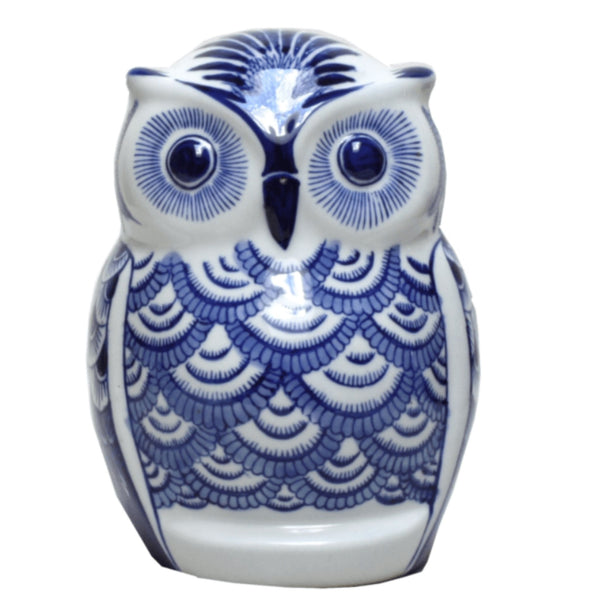 Ming Owl Ceramic 20cm Blue & White decorative owl featuring intricate chinoiserie-inspired detailing and a glossy ceramic finish.
