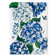 blue and white hydrangea table runner with butterfly detail, coastal Hamptons style cotton canvas design