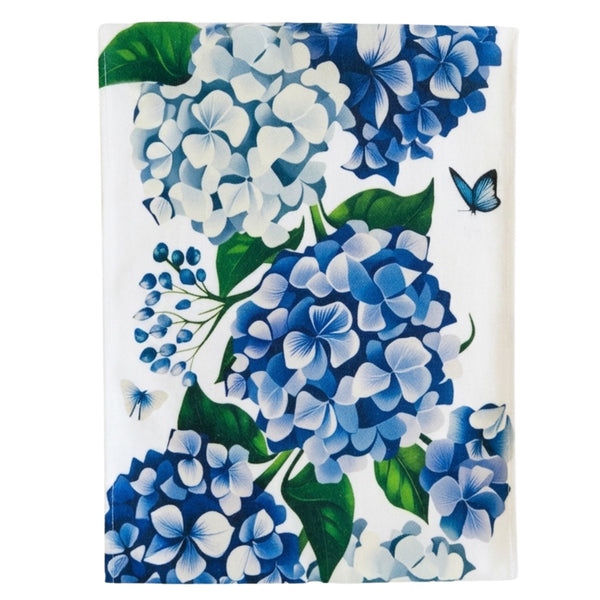 blue and white hydrangea table runner with butterfly detail, coastal Hamptons style cotton canvas design