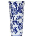 Monterey Bay Tapered Vase 30cm featuring intricate blue botanical patterns on white porcelain in a classic chinoiserie-inspired design.
