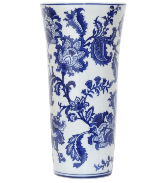 Monterey Bay Tapered Vase 30cm featuring intricate blue botanical patterns on white porcelain in a classic chinoiserie-inspired design.
