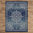 Full overhead view of the Monterey Navy Rug featuring an ornate traditional navy and ivory pattern