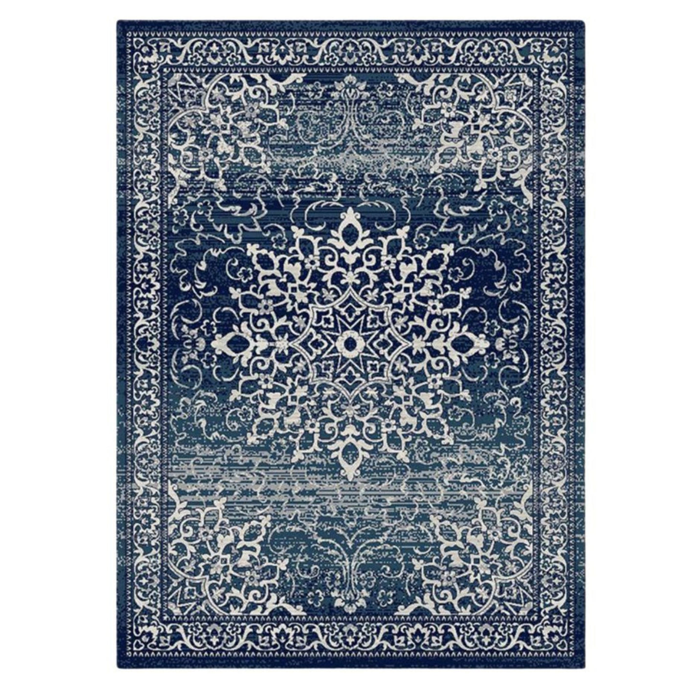 Monterey Navy Rug with distressed traditional medallion design in rich navy and ivory tones