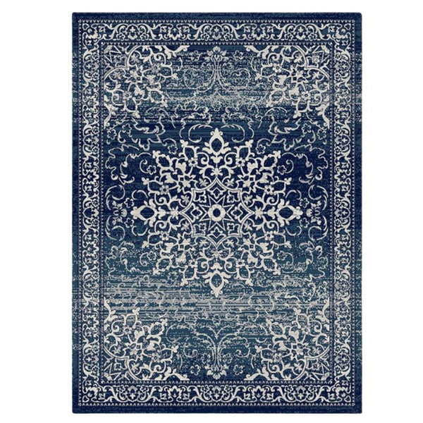 Monterey Navy Rug with distressed traditional medallion design in rich navy and ivory tones