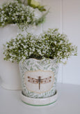 Ceramic Morris Dragonfly Planter with green leaf pattern, scalloped rim, gold edging and framed dragonfly motif, filled with white faux flowers on a white shelf.