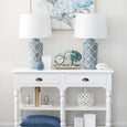 Close-up of the Motif Lamp featuring hand painted geometric detailing on ceramic base
