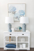 Close-up of the Motif Lamp featuring hand painted geometric detailing on ceramic base
