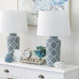 Motif ceramic bedside lamp with white empire shade styled on a bedroom side table
