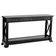 Nantucket 3 Drawer Hall Table in Black Stain with three drawers, cross-detail sides and full-length lower shelf.