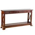 Nantucket 3 Drawer Hall Table in Walnut Stain with classic cross sides, three storage drawers and lower display shelf.