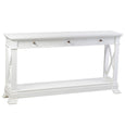 Nantucket 3 Drawer Hall Table in white with cross-detail sides, lower shelf and slim 32cm depth.