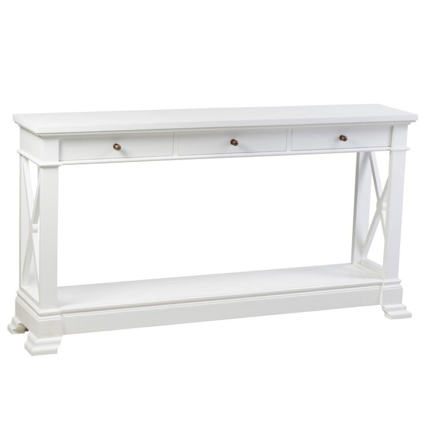 Nantucket 3 Drawer Hall Table in white with cross-detail sides, lower shelf and slim 32cm depth.