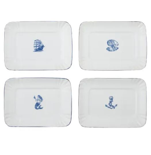 Nantucket Trinket Plate Collection featuring four coastal ceramic designs including Harbour Ship, Seaside Shell, Ocean Muse Mermaid and Mariner's Anchor