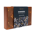 Natural Wood Dominoes Set presented in an engraved timber storage box with gold detailing and premium packaging.