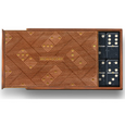 Natural Wood Dominoes Set in engraved wooden storage box with sliding lid revealing premium black domino tiles.