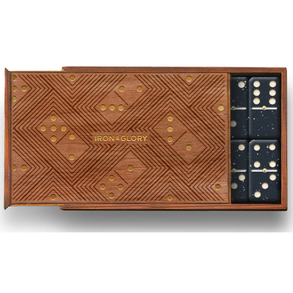Natural Wood Dominoes Set in engraved wooden storage box with sliding lid revealing premium black domino tiles.