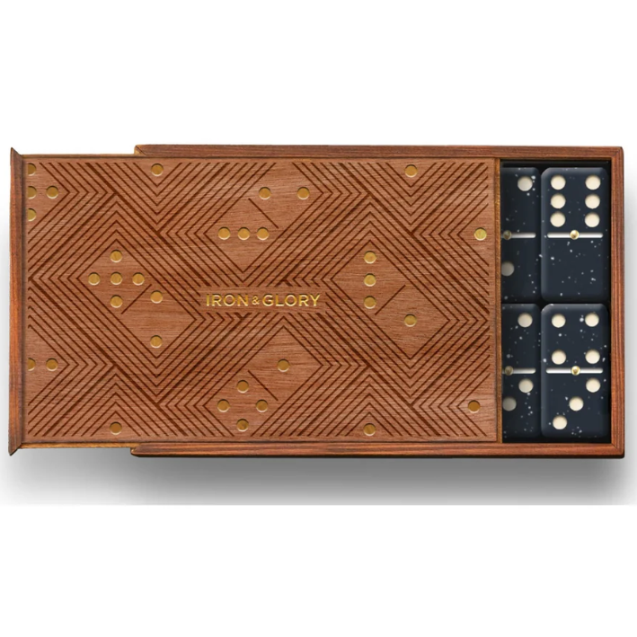 Natural Wood Dominoes Set in engraved wooden storage box with sliding lid revealing premium black domino tiles.