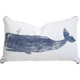 Nautical Whale Cushion featuring a navy whale illustration on a white rectangular coastal-style cushion 50x30cm