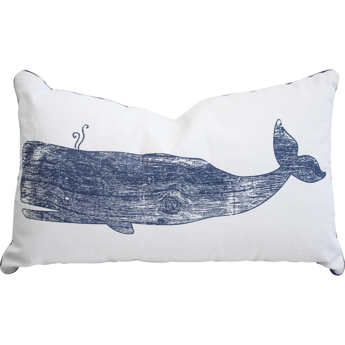 Nautical Whale Cushion featuring a navy whale illustration on a white rectangular coastal-style cushion 50x30cm