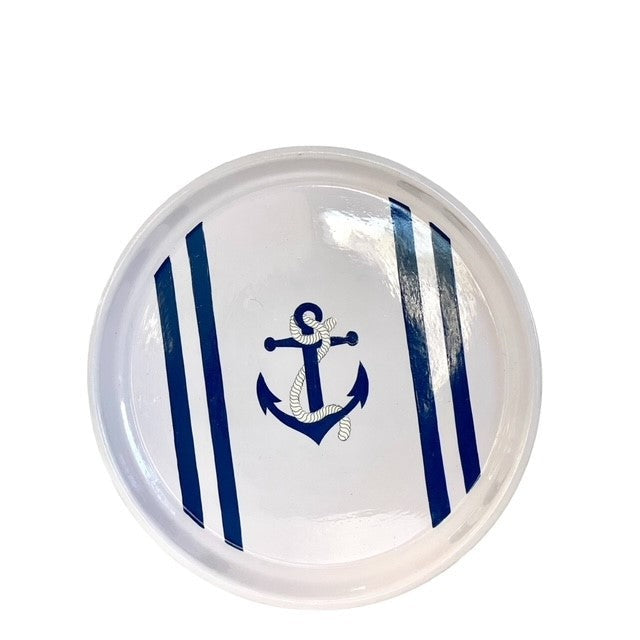 Navy Anchor Stripe Round Serving Tray 33cm with product details visible