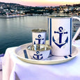 Navy Anchor Stripe Round Serving Tray 33cm in a styled entertaining setting