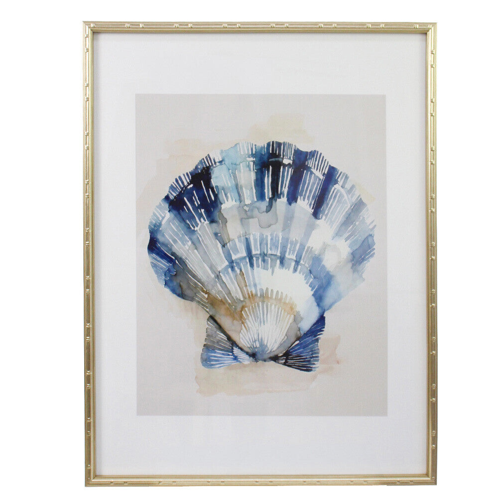 Navy and gold-toned scallop shell print in a gold-toned bamboo-look frame with pale surround