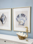 Navy and gold-toned scallop shell print in a gold-toned bamboo-look frame with pale surround — supplier image 2