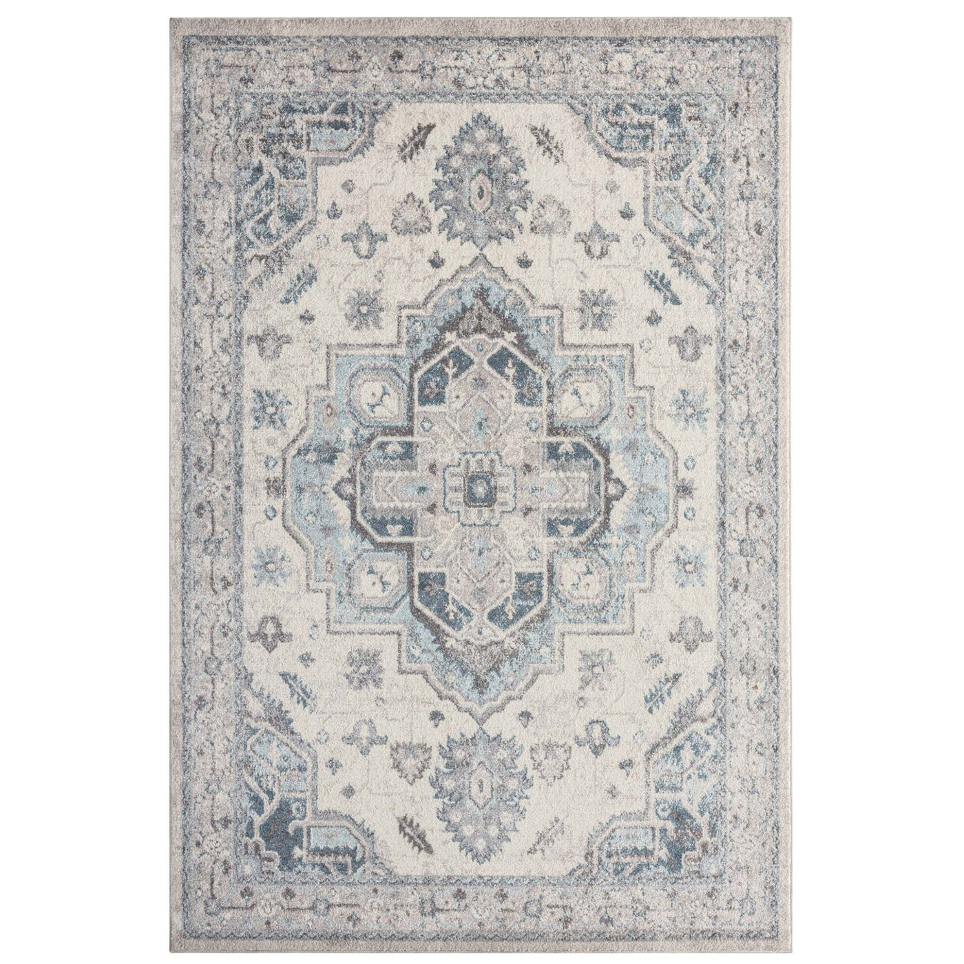 Newport Blue Rug featuring distressed medallion pattern in soft blue, ivory and grey tones
