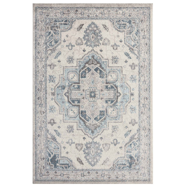 Newport Blue Rug featuring distressed medallion pattern in soft blue, ivory and grey tones