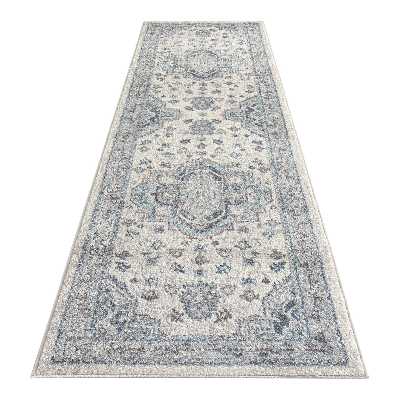 Newport Blue Runner rug with distressed medallion pattern in soft blue, ivory and grey tones