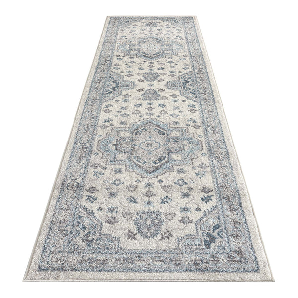 Newport Blue Runner rug with distressed medallion pattern in soft blue, ivory and grey tones