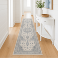Newport Blue Runner styled in a bright coastal hallway with white walls and natural timber flooring