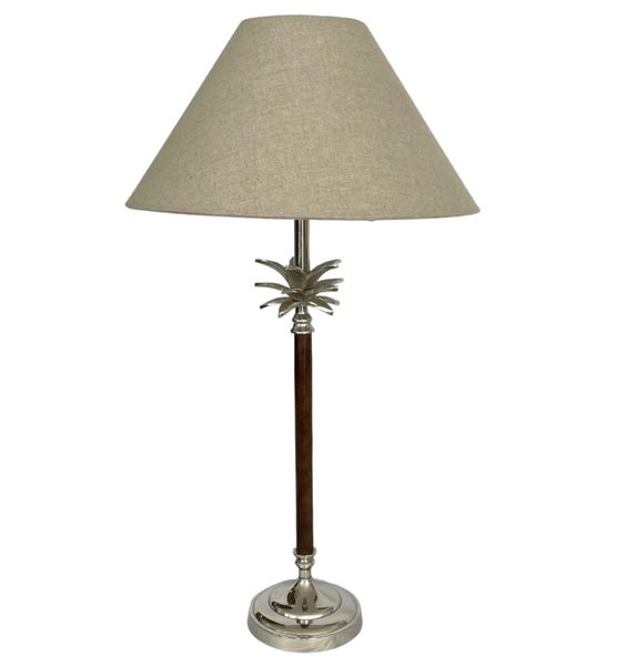 Nickel/Wood Palm Lamp W/Nat Linen Shade