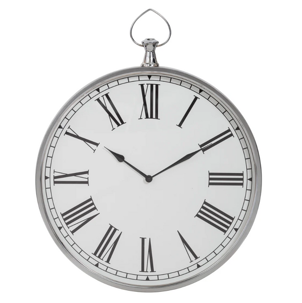 Northampton Wall Clock Silver White with oversized Roman numerals and silver frame on white background