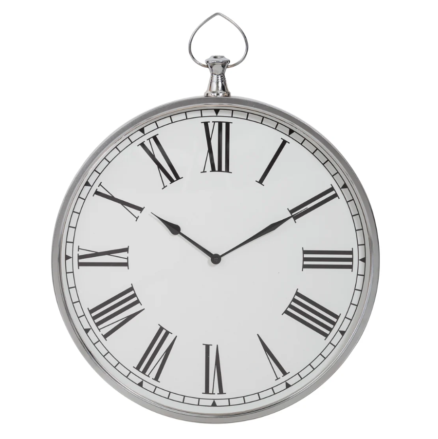 Northampton Wall Clock Silver White with oversized Roman numerals and silver frame on white background
