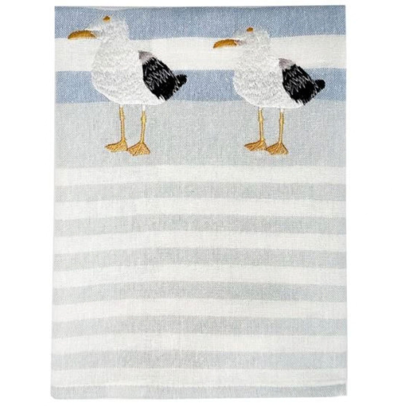 Ocean Three Seagulls Tea Towel in blue and white stripes with embroidered coastal seagull design.