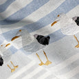 Close-up of embroidered seagulls and blue and white striped linen cotton fabric on the Ocean Three Seagulls Tea Towel.