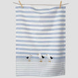 Full view of Ocean Three Seagulls Tea Towel 50 x 70cm with blue and white stripes and three embroidered seagulls.