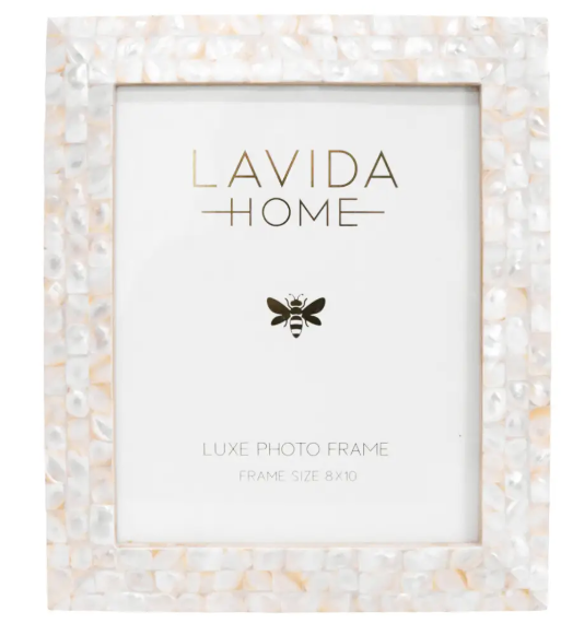 Mother of pearl 8x10 photo frame with luminous mosaic shell detailing for elegant coastal and contemporary home styling.