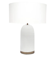Omaha table lamp with ribbed matt white base, brass plinth and white linen-look drum shade