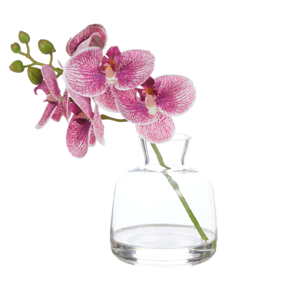 Realistic purple orchid stem arrangement in a clear glass vase with faux water detailing