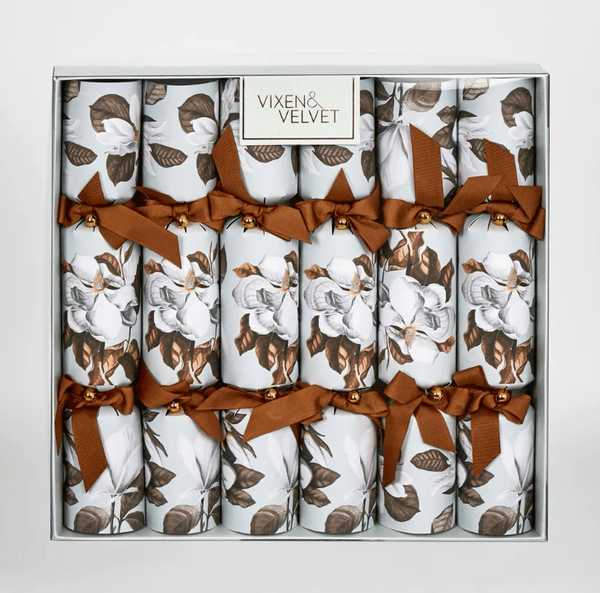otono magnolia crackers set of six with brown and white floral design and ribbon detail, elegant table styling
