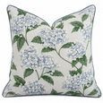 Outdoor Hydrangea Cushion Blue 45x45cm with blue hydrangea floral print, green leaves, cream background and blue piping