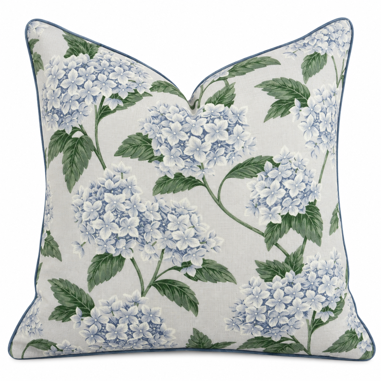Outdoor Hydrangea Cushion Blue 45x45cm with blue hydrangea floral print, green leaves, cream background and blue piping