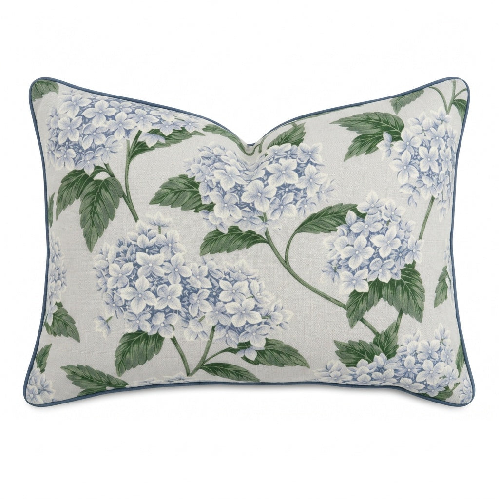 Outdoor Hydrangea Cushion Blue 50x30cm lumbar cover with blue hydrangea flowers, green foliage, cream background and blue piping