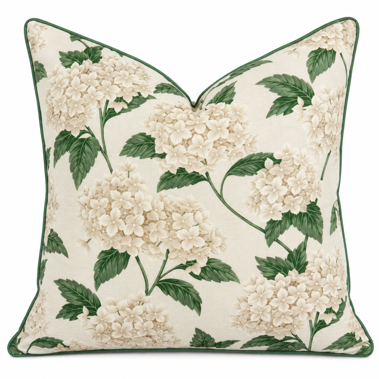 Outdoor Hydrangea Cushion Cream and Green 45x45cm with cream hydrangea floral print, green foliage and contrasting green piping