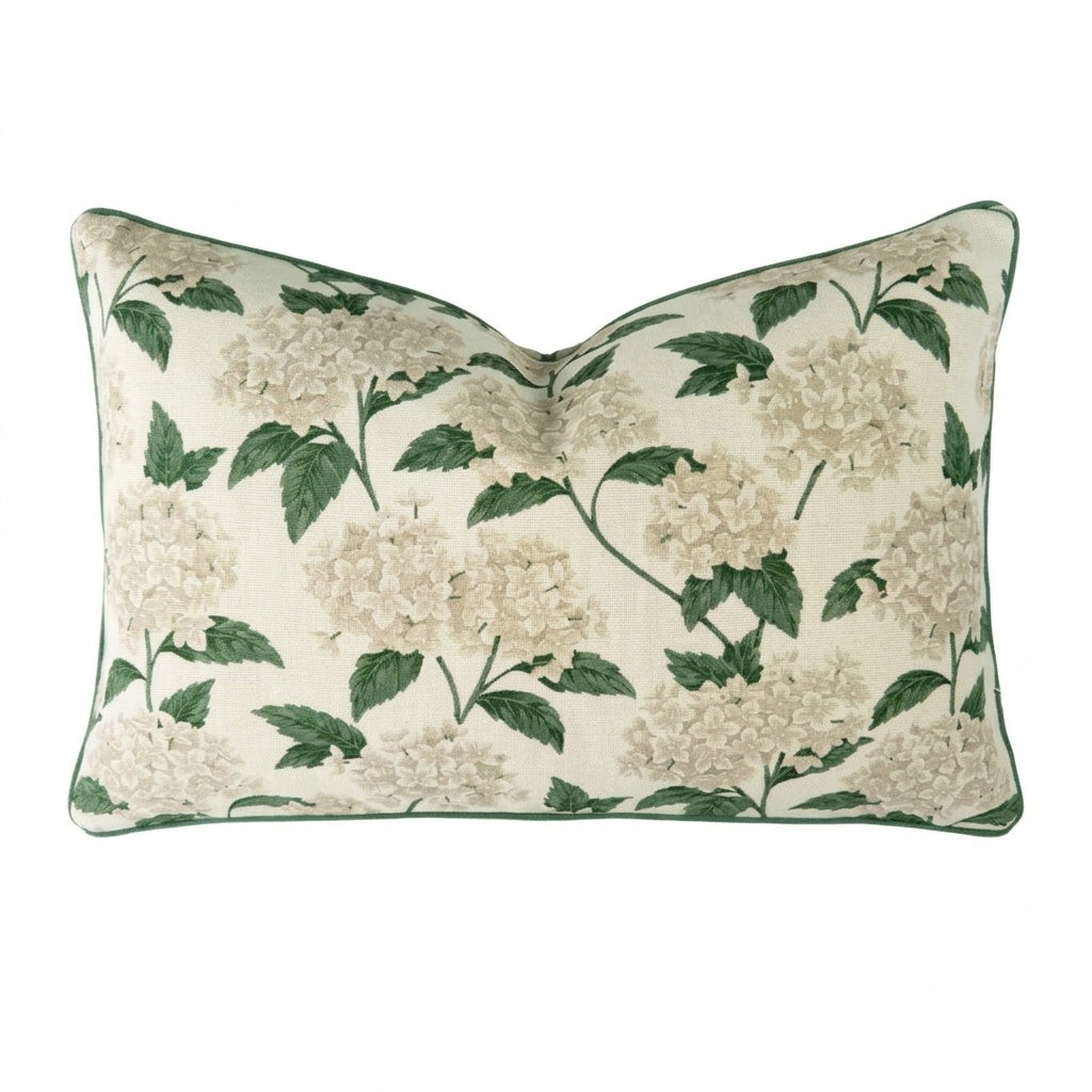 Outdoor Hydrangea Cushion Cream and Green 50x30cm lumbar cover with cream hydrangea flowers, green foliage and green piping