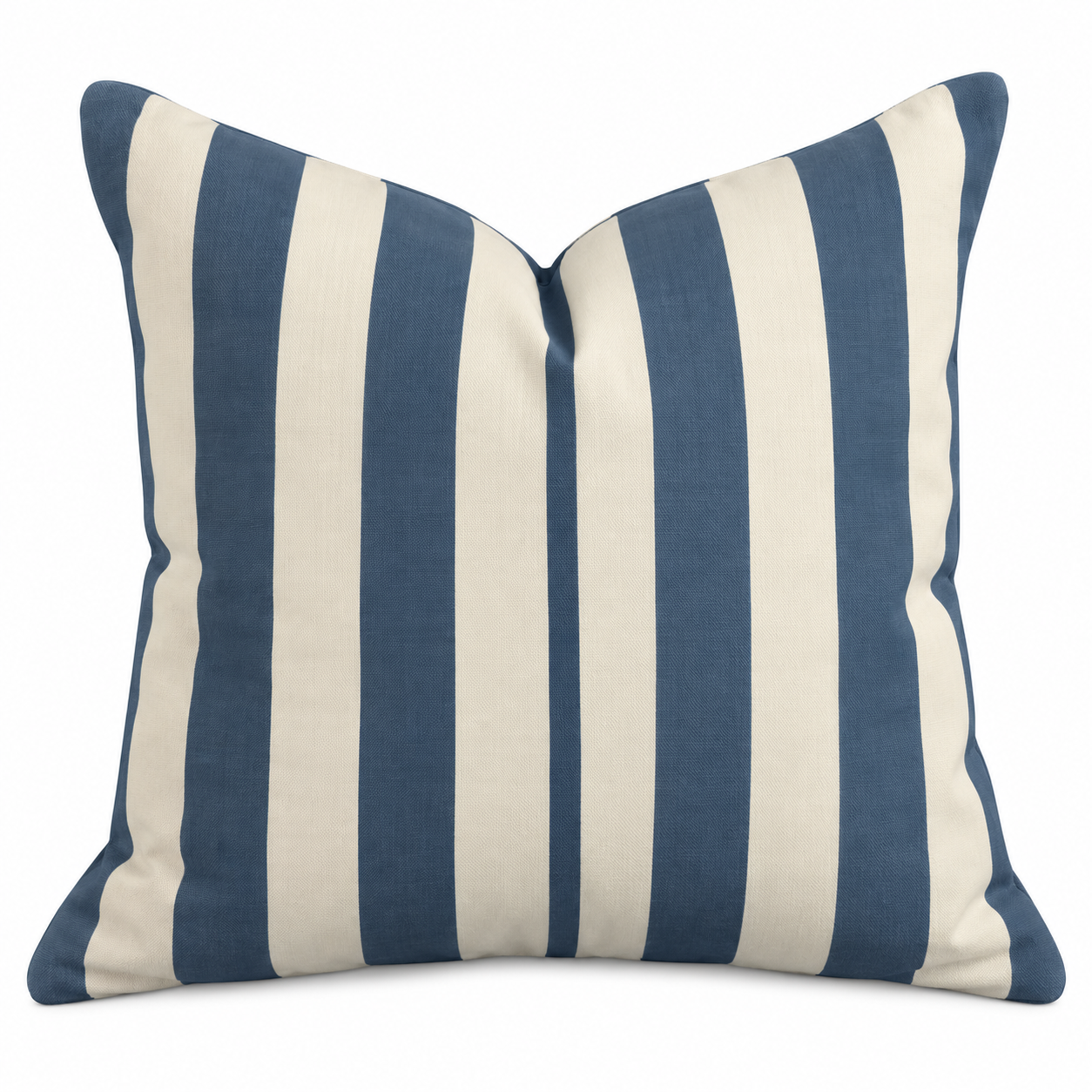 Outdoor Stripe Cushion Blue 45x45cm with classic blue and cream vertical stripes and contrasting blue piped edge