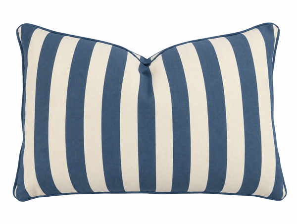 Outdoor Stripe Cushion Blue 50x30cm with wide blue and warm cream stripes, woven texture and coordinating blue piping